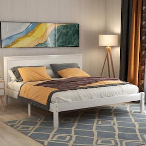 Modern White Wood Frame Full Size Platform Bed with Headboard, Solid Wood Legs and Support Slats