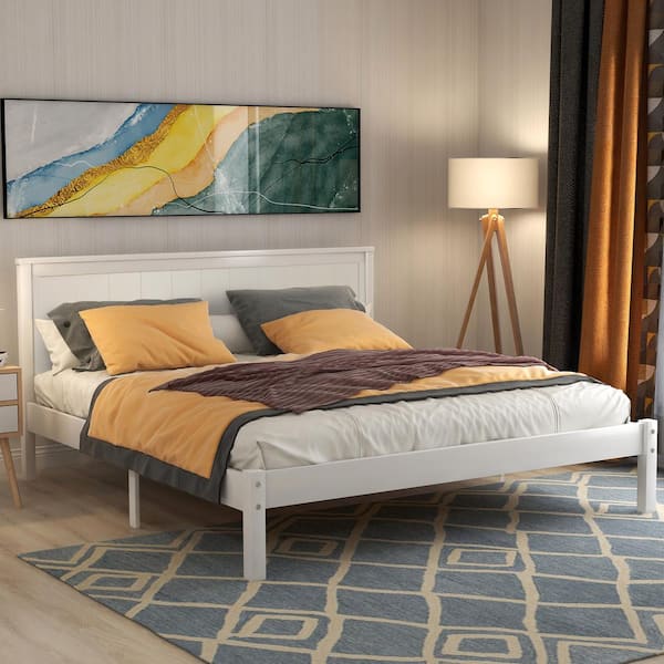 Harper & Bright Designs Modern White Wood Frame Full Size Platform Bed with Headboard, Solid Wood Legs and Support Slats