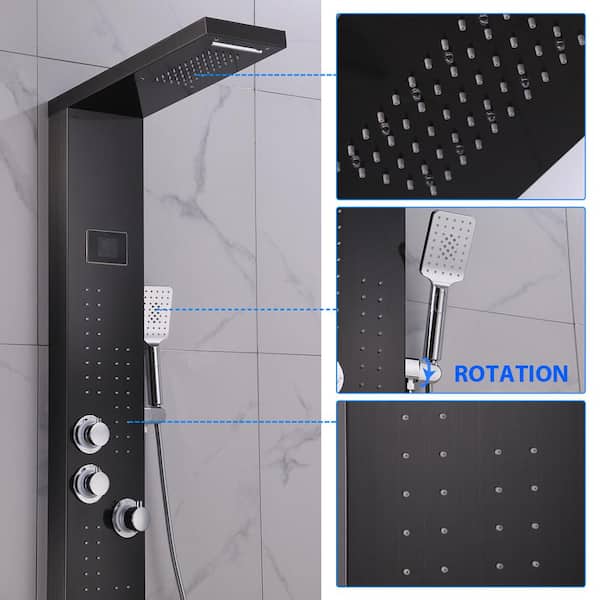 ELLO&ALLO 53 in. 4-Jet Shower Panel System with Shelf LED Rainfall  Waterfall Head Handshower and Bidet Sprayer in Silver Black  9803-F3-04-03-02 - The Home Depot