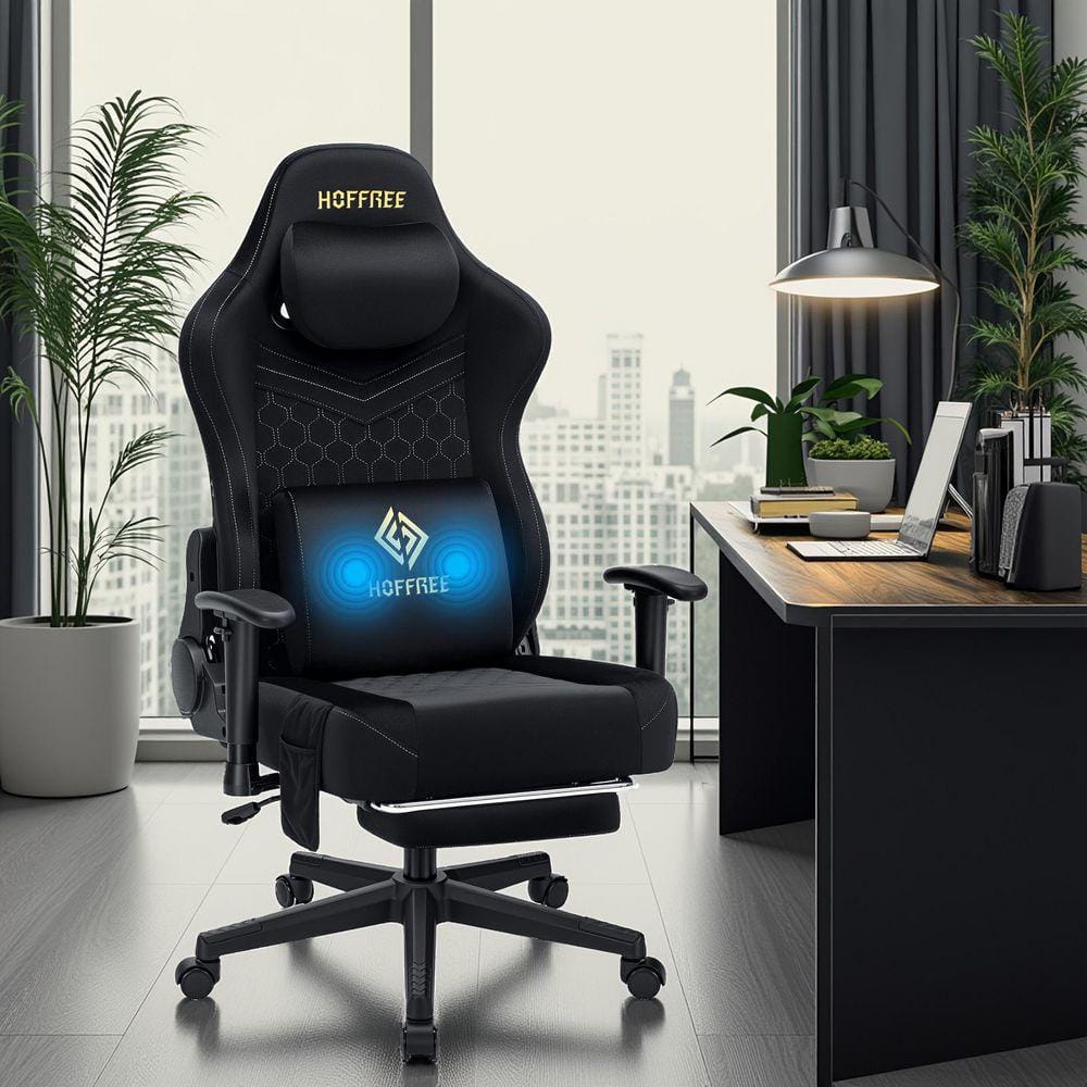 Fabric Gaming Chair with Adjustable Height Massage Ergonomic Computer Chairs in Black with Footrest