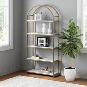 Haven 72 in. 5-Shelf Faux Marble Etagere Bookshelf in Gold Metal Frame with Arch Top and Open Shelves, White/Gold