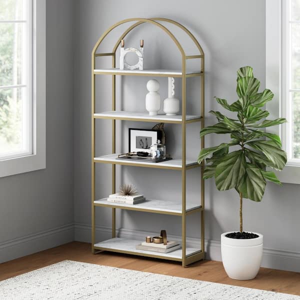 Nathan James Haven 72 in. 5-Shelf Faux Marble Etagere Bookshelf in Gold Metal Frame with Arch Top and Open Shelves, White/Gold