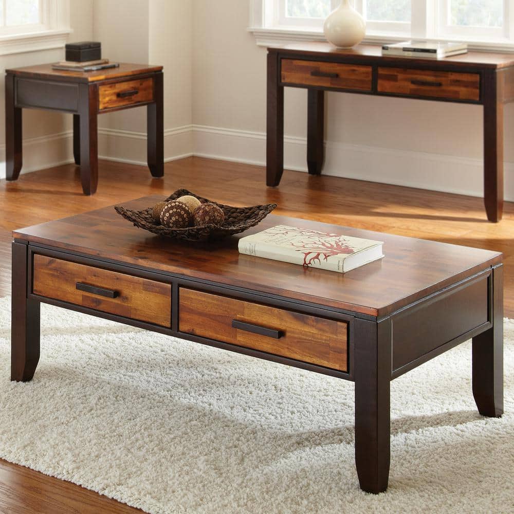 Transitional Brown Rectangular Wood Coffee Table with Storage