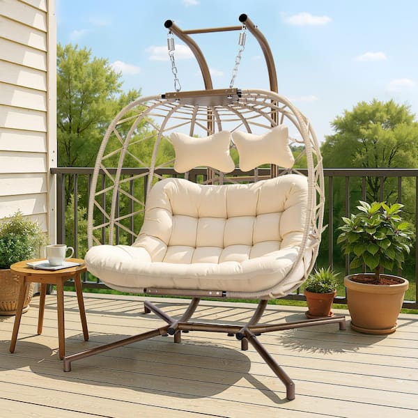 FINCATI Large 2-Person 700 Beige Wicker Double Patio Swing