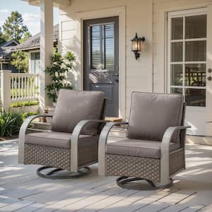 Brown Swivel Glider Wicker Outdoor Rocking Chair with Gray Cushions Curved Metal Armrest (2-Pack)