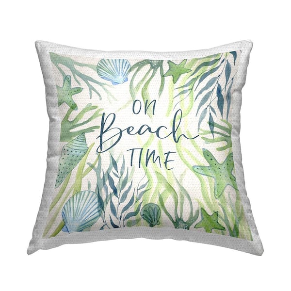 Stupell Industries On Beach Time Phrase Green Square Outdoor Throw Pillow