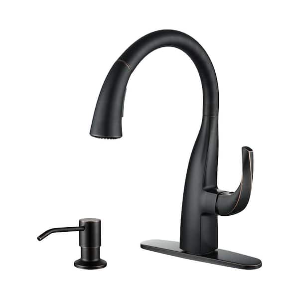 IVIGA Single Handle Pull Down Sprayer Kitchen Faucet with Vintage Gooseneck and Soap Dispenser in Oil Rubbed Bronze