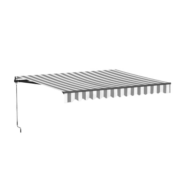 13 ft. Caribbean UV Polyester Manual Retractable Patio Awning 10 ft. Projection in Gray and White Stripe Black Frame