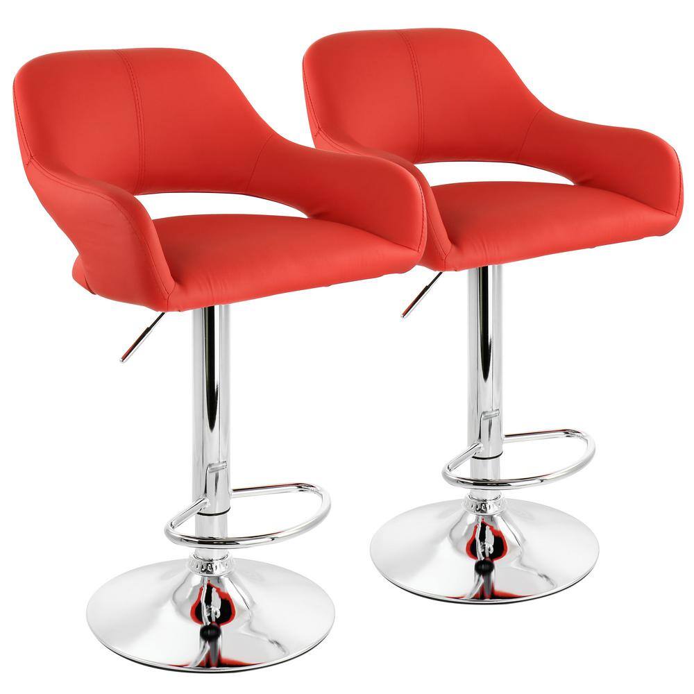 33 in. Red Low Back Tufted Faux Leather Adjustable Bar Stool with Chrome Ba