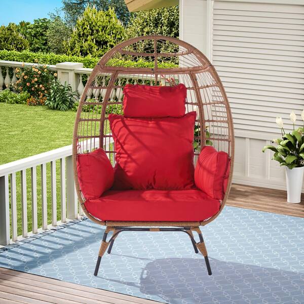 1-Person Wicker Egg Chair with 5-Cushions and Steel Frame, Red