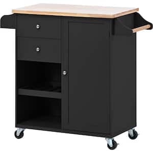 Rubber wood Kitchen Cart with Storage Cabinet and Spice Rack, Towel Rack, Two Drawers Black for Kitchen Small Bar