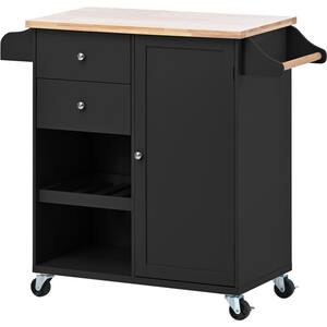 Rubber wood Kitchen Cart with Storage Cabinet and Spice Rack, Towel Rack, Two Drawers Black for Kitchen Small Bar