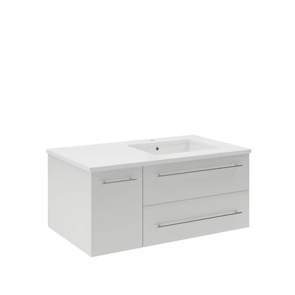 Lucera 36 in. Single Sink Wall Mount White Bath Vanity with White Quartz Top and Undermount Sink - Right Version