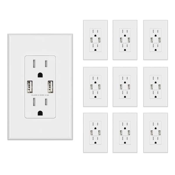 ELEGRP 4.0 Amp USB Outlet, Dual Type A In-Wall Charger with 15 Amp Duplex Tamper Resistant Outlet, White (10-Pack)