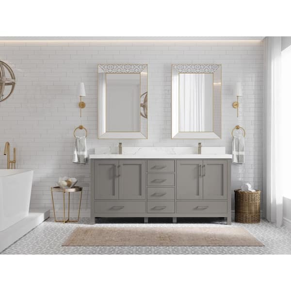 Farmhouse 72 in Double Sink Bathroom Vanity in Grey with Calacatta Gold  Quartz Countertop