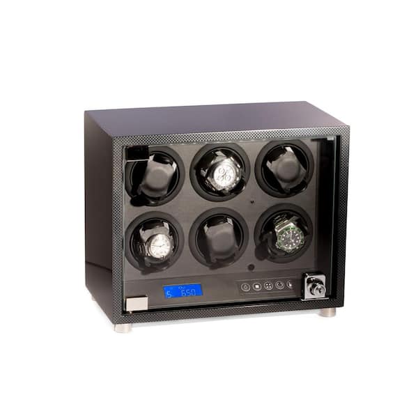 BEY-BERK Carbon Fiber 6-Watch Winder with Locking Glass Door