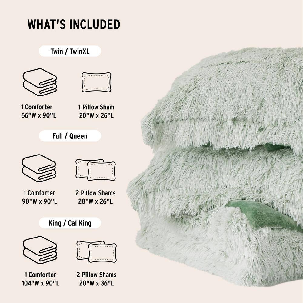 Full Green and White Faux Fur Comforter Set