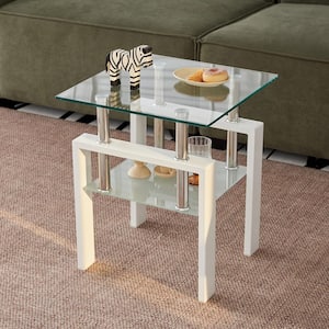 White Tempered Clear Glass End Table, 2-Layers Small Table with Storage, Living Room Side Table