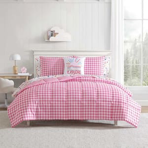 Preston Check 3-Piece White/Pink Microfiber Twin Comforter Bonus Set