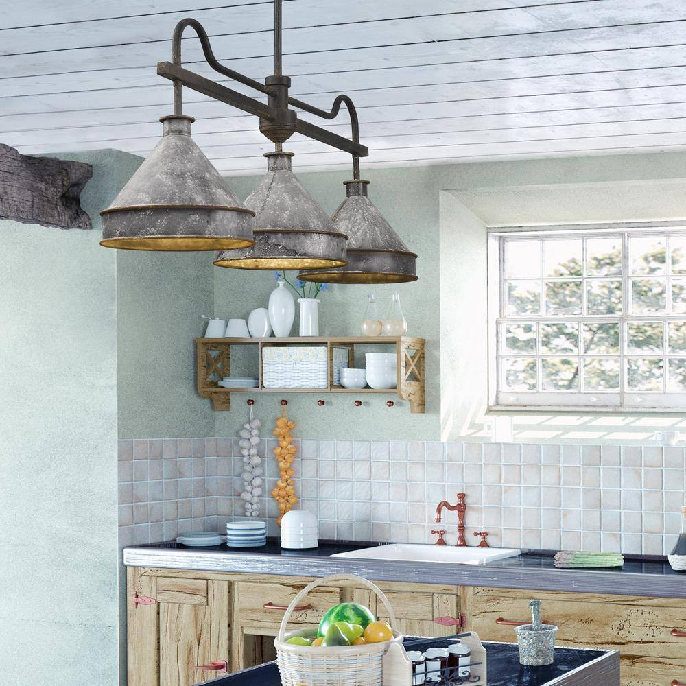 Jasper Black Iron and Galvanized Steel 3-Light Linear Pendant