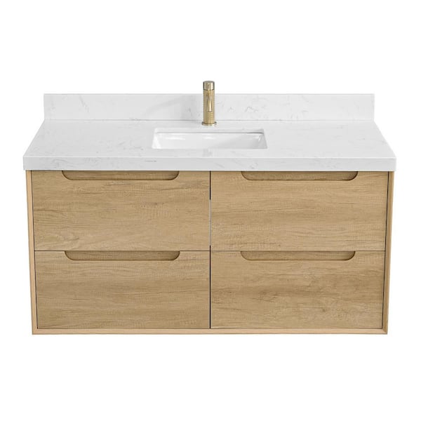AuroraSky 48 in. Single Sink Floating Bath Vanity in Natural Oak with White Engineered Stone Top (Assembled)