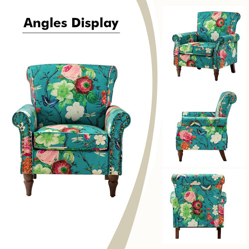 Blue Floral Polyester Arm Chair Set with Rolled Arms
