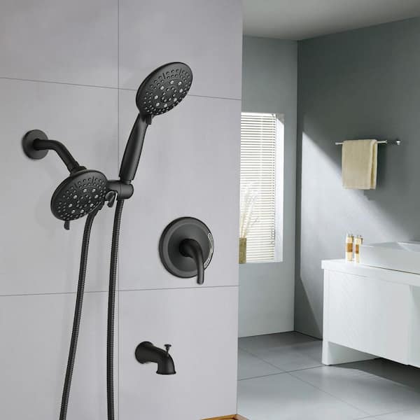 Single-Handle 7-Spray Shower Faucet with Hand Shower Bathroom Tup Spout in Matte Black (Valve Included)