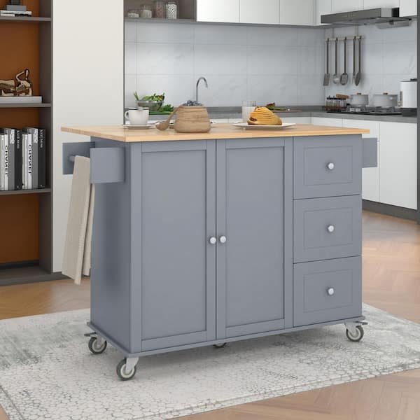 Xspracer Oasis Grey Blue Wood 52.76 in. Kitchen Island with Solid Wood Top and Locking Wheels, Storage Cabinet