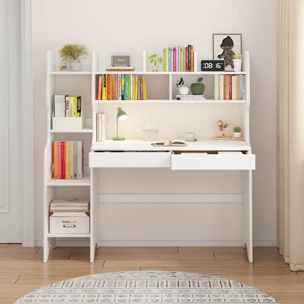 White Kids Study Desk with Hutch, Wooden Children's Computer Writing Desk, Kids Desk with Bookshelf and Drawers