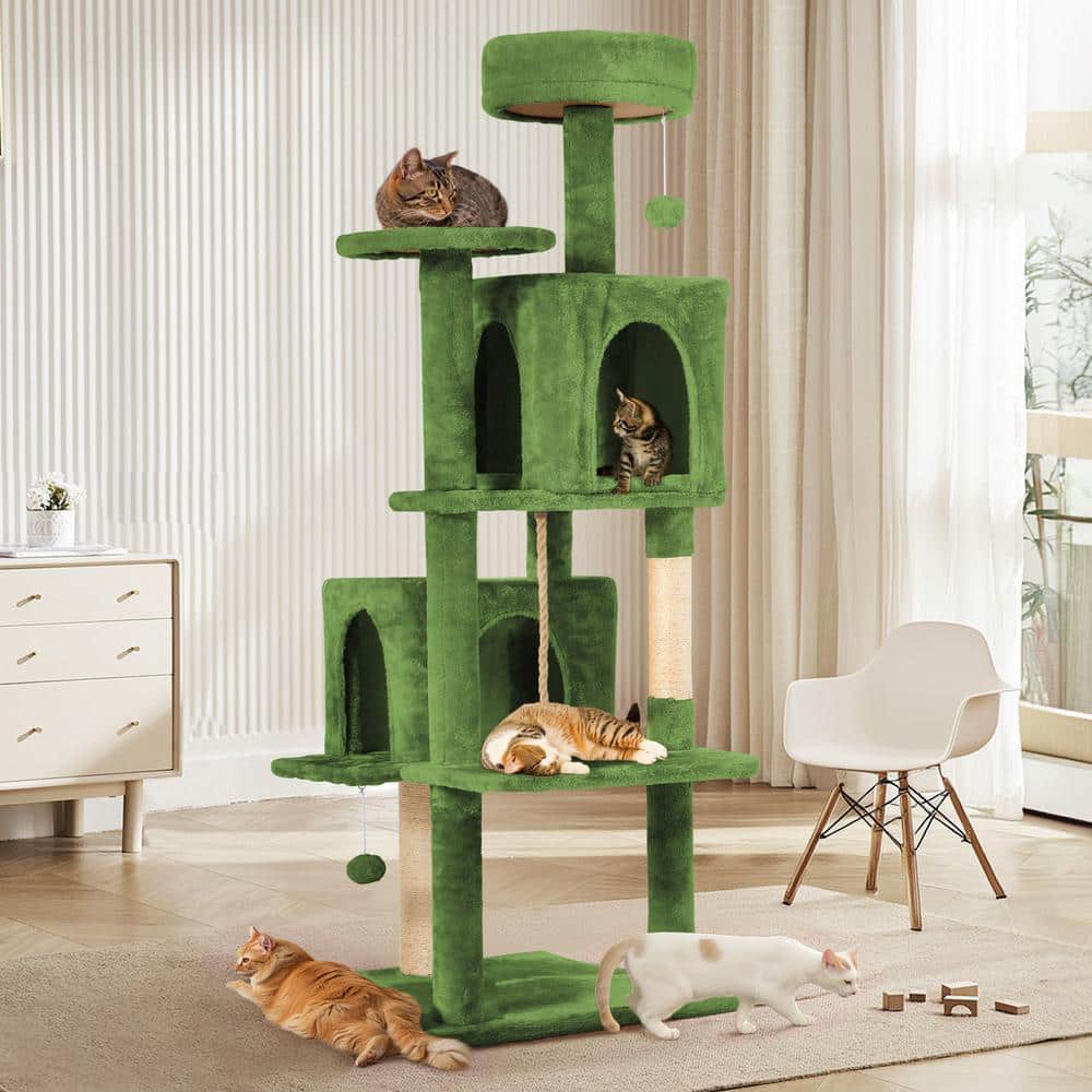 Green Modern Cat Tree Pet Tower with Scratching Ramp, Hanging Ball