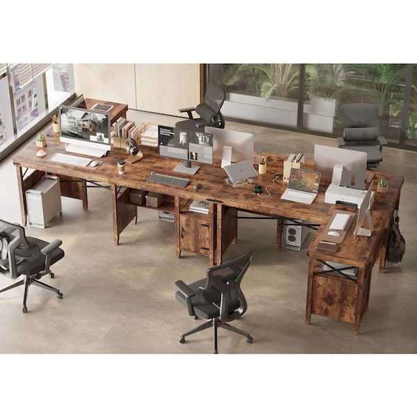 Bestier L Shaped Desk for Home Office, Farmhouse Computer Desk with Storage  Cabinet, Office Desk with Bookshelf, 2 Person Computer Desk Up to 82 inch