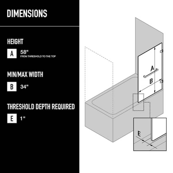 VIGO Rialto 34 in. W x 58 in. H Pivot Frameless Tub Door in Matte