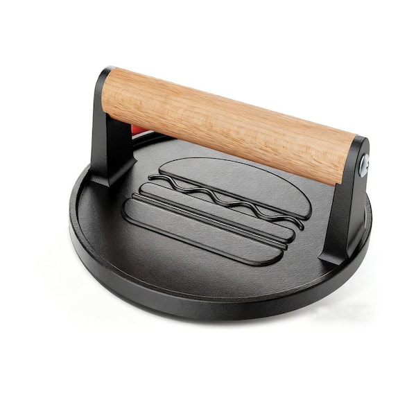 6.6 in. Smash Burger Press, Pre-Seasoned Cast Iron Hamburger Smasher, 2 lb. Heavy-Duty Grill Bacon Meat Press Tool