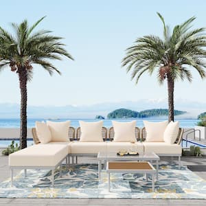 White 8-Piece Metal Patio Conversation Set with Beige Cushions, Tempered Glass Coffee Table and Wooden Coffee Table