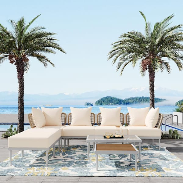 Sudzendf White 8-Piece Metal Patio Conversation Set with Beige Cushions, Tempered Glass Coffee Table and Wooden Coffee Table