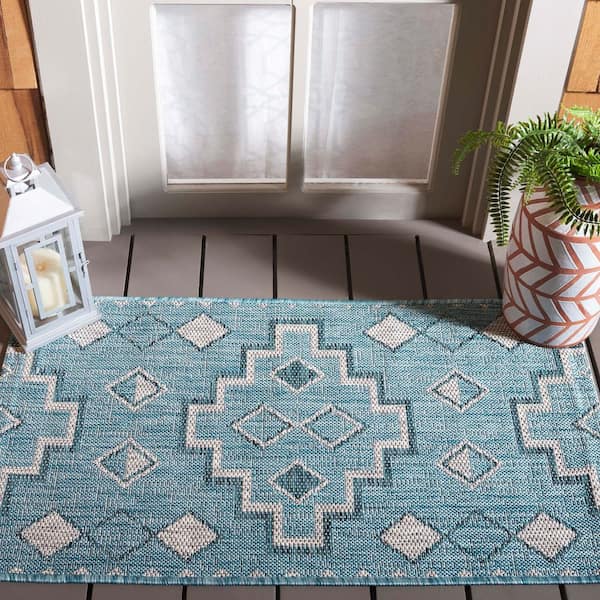 Courtyard Aqua/Gray 3 ft. x 5 ft. Aztec Tribal Indoor/Outdoor Area Rug