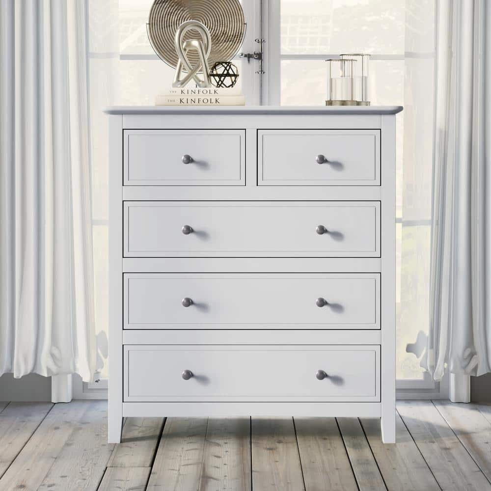 5-Drawers White Modern Solid Wood Chest of Drawers 36 in. H x 32.6 in. W x 15.4 in. D -  Harper & Bright Designs, YJH010AAW