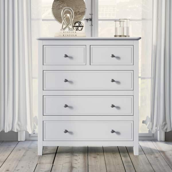 Harper & Bright Designs 5-Drawers White Modern Solid Wood Chest of Drawers 36 in. H x 32.6 in. W x 15.4 in. D