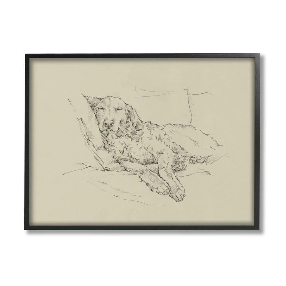 The Stupell Home Decor Collection Retriever Napping Cushions Casual Monochromatic Dog Sketch by Ethan Harper Framed Animal Art Print 20 in. x 16 in.