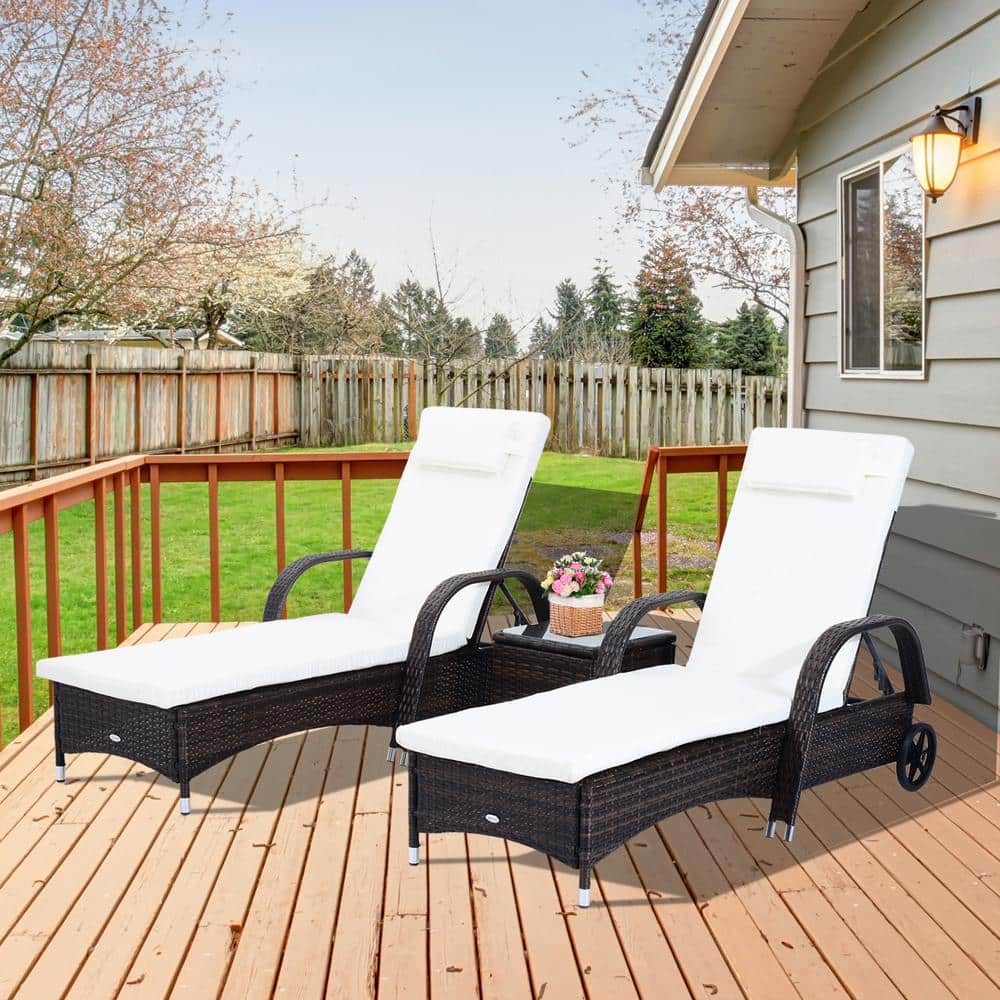 Brown and White Rattan Wicker Outdoor Chaise Lounge Set with Cushions