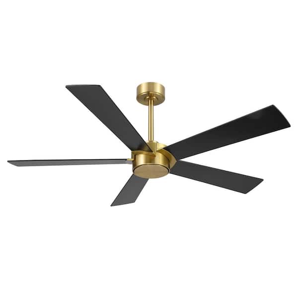 54 in. (4.5 ft.) Indoor Polished Brass Finish Black Blades Ceiling Fan with Remote Control 6 Speed Down-rod Mount
