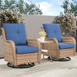 ArcoBay 3-Piece Yellow Wicker Swivel Outdoor Rocking Chairs Patio Conversation Set with Olefin Blue Cushions