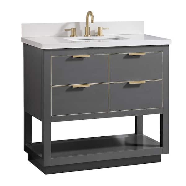 Allie 37 in. Single Sink Twilight Gray with Gold Trim Bath Vanity with White Quartz Top