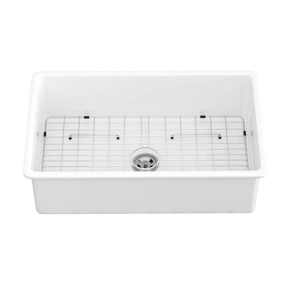 32 in. Undermount Single Bowl White Ceramic Kitchen Sink With Bottom Grids