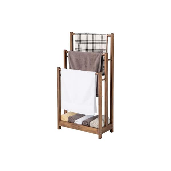 3-Bar Solid Fir Wood Towel Rack with Bottom Storage Shelf in Brown
