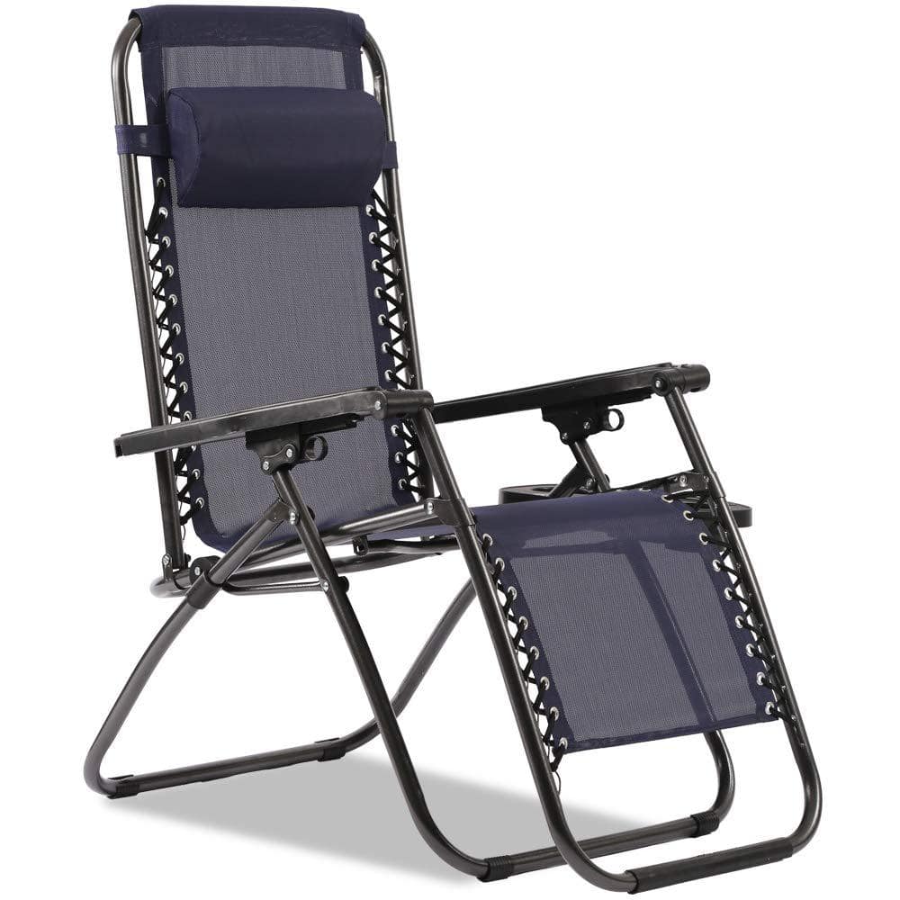 Metal Outdoor Recliner Adjustable Folding Patio Lounge Chair with Navy ...