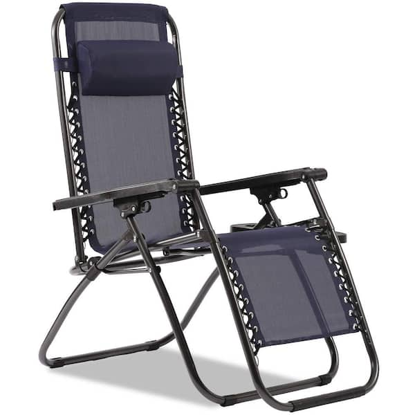 Metal Outdoor Recliner Adjustable Folding Patio Lounge Chair with Navy ...