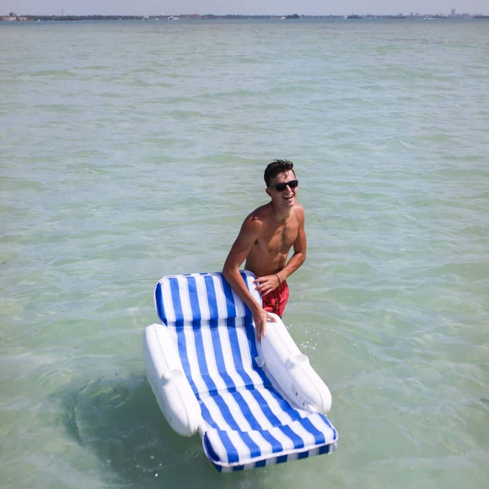 Blue and White Striped Padded Floating Pool Lounger with Cup Holders