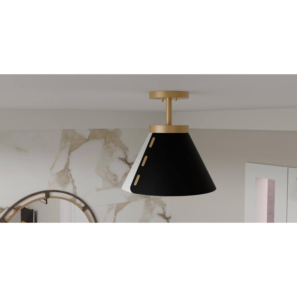 12" Black and White Glass Semi-Flush Mount with Brass Accents