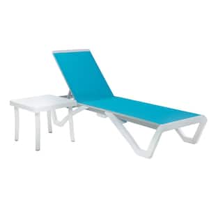 Full Flat Aluminum Patio Reclining Adjustable Chaise Lounge with Blue Textilence and Table